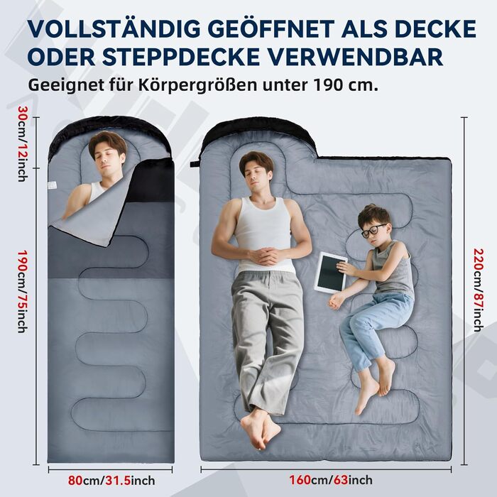 Спальні мішки для дорослих та дітей – ультралегкі, компактні спальні мішки на 3 сезони для кемпінгу (чорний, 1,3 кг)