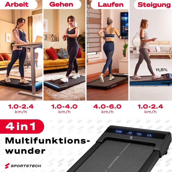 Біговий доріжка Sportstech Walking Pad для дому та офісу, компактний, тихий, з LED-дисплеєм, керування від пульта, сумісний з додатком, sWalk Lite/Lite Plus (чорний)