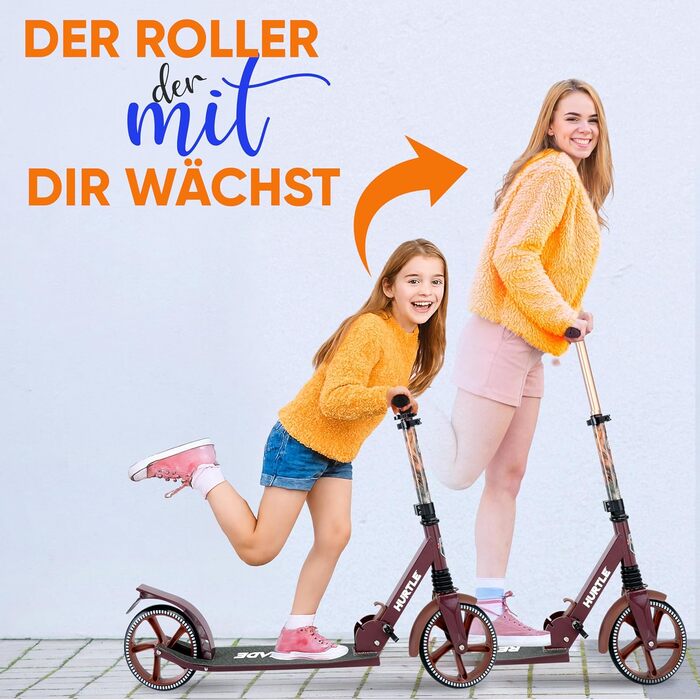 Міський ролер Hurtle Roller Kinder 10 років – складаний та регульований за висотою (84–98 см), самокат для дітей та дорослих з підставкою, з ремінком, до 100 кг (Royalbaum)