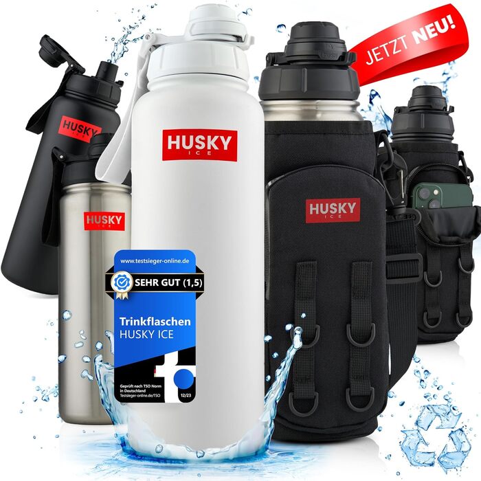 Термос HUSKY ICE 1.2 л із нержавіючої сталі, білий — пляшка для напоїв, подвійні стінки, термос, BPA-free, герметична, для спорту та активного відпочинку, з чохлом, підходить для миття в посудомийній машині