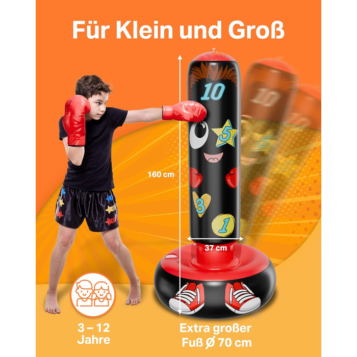 AVENTERA® Боксерський мішок для дітей 3-12 років (160см, навчальний ефект) - 4-в-1 комплект - для тренувань, розвитку рухливості та моторики - перевірена якість