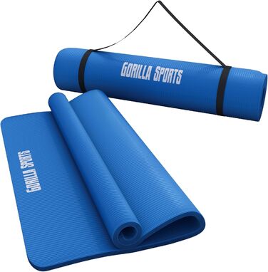 Килимок для йоги GORILLA SPORTS 190x60x1,5 см, антиковзкий, без фталатів, з ременем, синій, фітнес-мат для тренувань