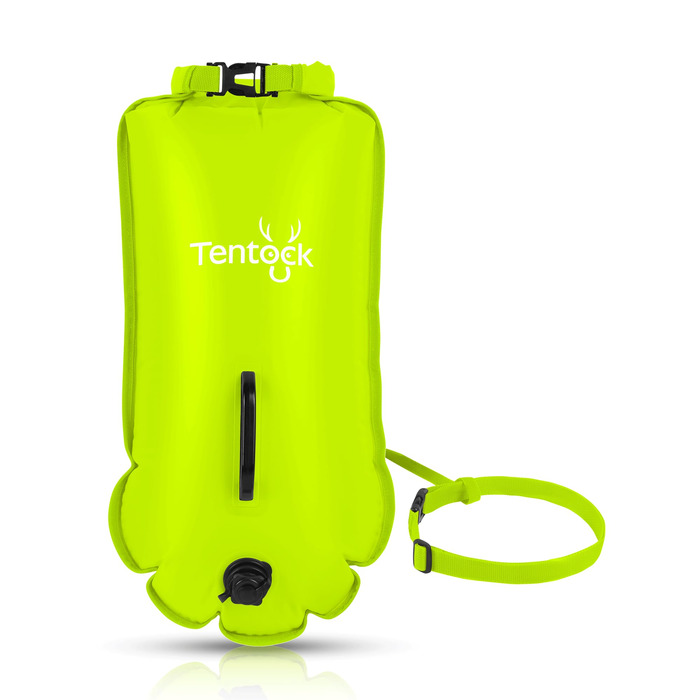 Tentock Плавуча сумка 28L, водонепроникна, надувна, для плавання та водного спорту. Безпечний плавучий засіб для триатлонів, каякінгу та снорклінгу. Колір: яскраво-зелений.