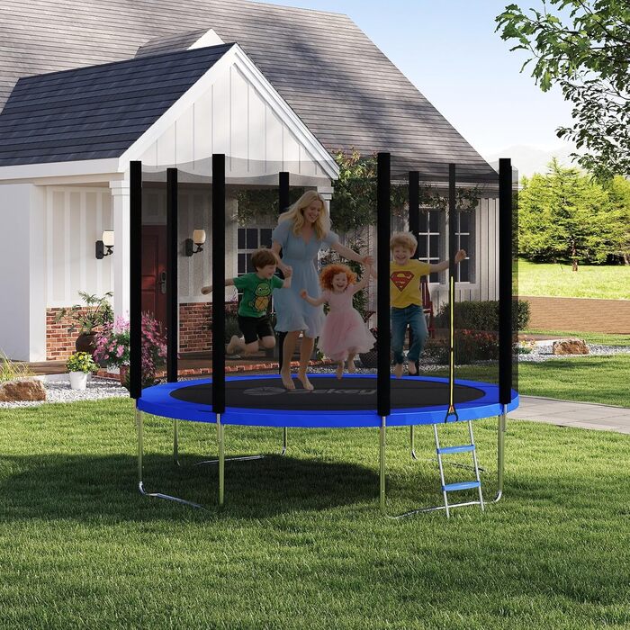 Трамплін Sekey Outdoor 244/305/366 см - сертифікований TÜV Rheinland GS, дитячий, для саду з безпечною драбиною, посиленим захисним сіткою та захисним бордюром (Блакитний, 366 см/12 футів)
