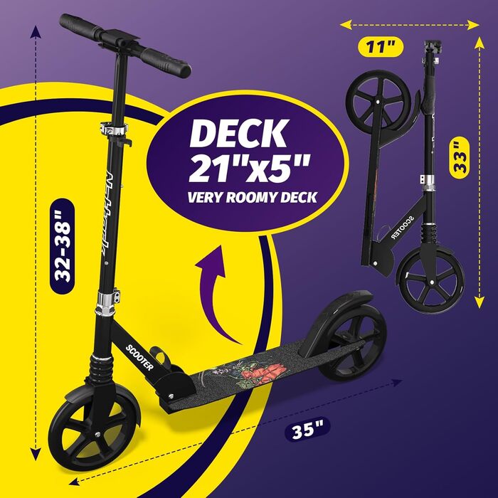 Nattork Kick Scooter з міцними колесами для підлітків та дорослих - чорний, вантажопідйомність 100 кг, амортизатор та регульоване кермо