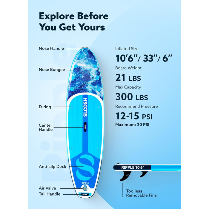 Надувна SUP-дошка SLOOSH 320 см з веслом, аксесуарами, рифленим EVA-покриттям, легкою сумкою і насосом для підлітків та дорослих