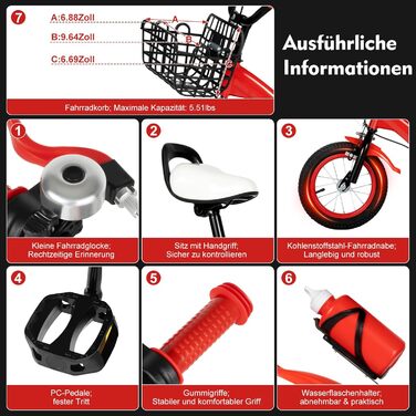 Дитяче велосипед 12 дюймів з регульованою висотою сидіння, додатковими колесами та кошиком, для хлопчиків та дівчаток 2-5 років (Червоний)