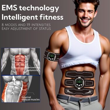 EMS тренажер для пресу Pro, стимулятор м'язів живота, 8 режимів та 19 інтенсивностей для пресу, інтелектуальна фітнес-стимуляція, цільова стимуляція м'язів живота