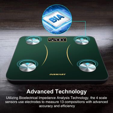 INSMART електронна вага для тіла, аналізатор жиру, Bluetooth, з додатком, вимірювання BMI, м'язової маси, води, BMR, зелена