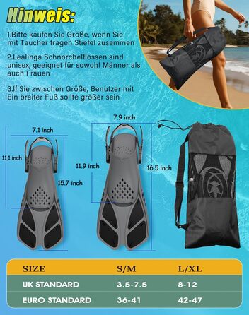 Ласти для плавання Schnorchelflossen, регульовані, дорослі/дитячі, унісекс, чорні (S/M) з сітчастим чохлом