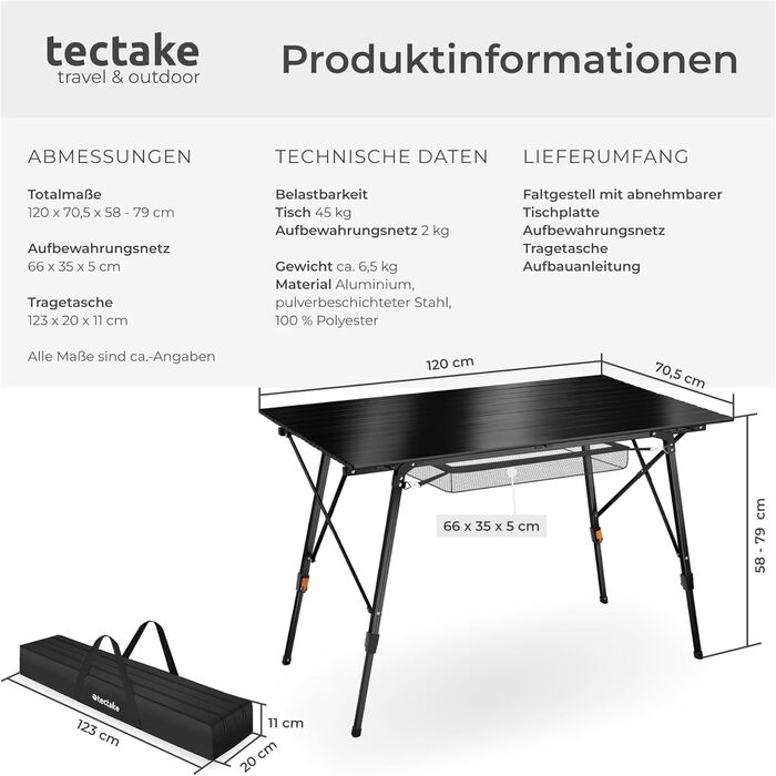 Стіл для кемпінгу Tectake®: розкладний, алюмінієвий, з великою стільницею 120x70.5 см, чорний