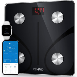 RENPHO Смарт-вага для аналізу складу тіла, Bluetooth, 180 кг, чорна, із додатком, визначає жирову масу, ІМТ, м’язову масу, білок, BMR, 280 мм