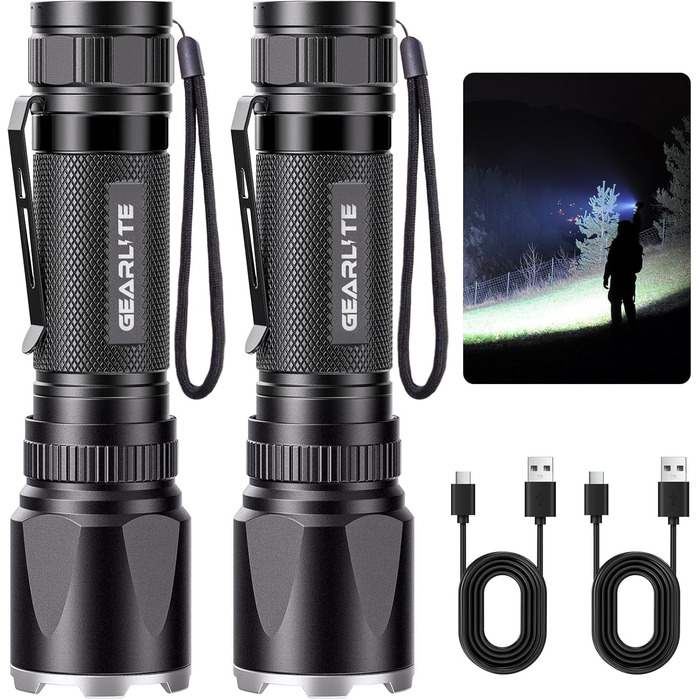 GEARLITE: 2 шт. ліхтарики LED, перезаряджувані, 3000 люмен, тактичні, водонепроникні (IP65), 3 режими, для кемпінгу, риболовлі, туризму
