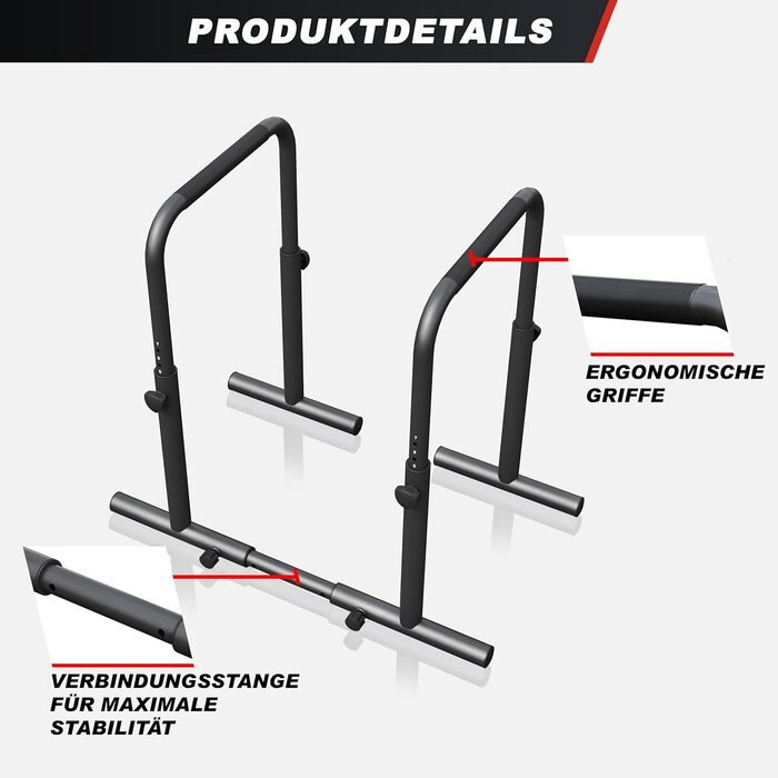 GORILLA SPORTS® Бруси для віджимань та діпів, регульовані, 80-100 см, нековзні, сталь, до 500 кг, чорні – паралети, станція для діпів, обладнання для калістеніки для дому
