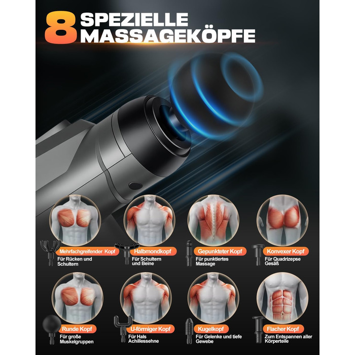 Масажер для м'язів, пістолет для масажу з 99 швидкостями та 8 насадок, до 9800U/min, амплітуда 14 мм, LED-дисплей, 35 dB, для розслаблення спини та плечей, чорний