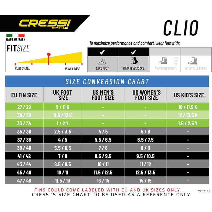 Ласти для плавання Cressi Clio для дорослих і дітей, розмір 33/34