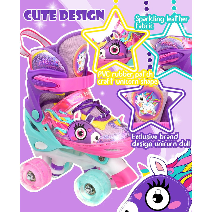 Дитячі ролики Єдиноріг для дівчаток та хлопчиків, регульовані розміри, світлові колеса, ролики-човники для початківців, фіолетовий колір
