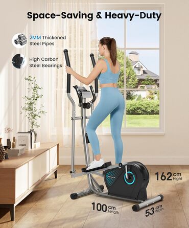 Крос-тренажер THERUN, ультратихий еліптичний тренажер для дому, 6 кг маховик, 16 рівнів опору, датчик пульсу, LCD-монітор, тримач для пляшки, блакитний