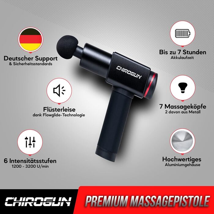 Масажер CHIROGUN® ONE - електричний масажний пістолет з 7 насадками, преміум масажер зі сталі з 6 рівнями інтенсивності, для спини, шиї, плечей, ніг, час роботи акумулятора 7 годин, чорний