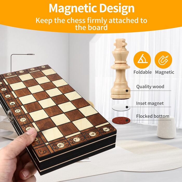 Магнітна шахова дошка 3-в-1 з дерева, 29 x 29 см. Шахи для дітей, для подорожей та сімейних ігор