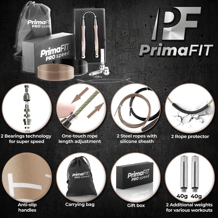 Скакалка PrimaFIT для дорослих: професійна, регульована, з вагою, 3м, 2 підшипники, антиковзні ручки, для боксу, MMA, кросфіту, сталевий трос, сумка (бронза)