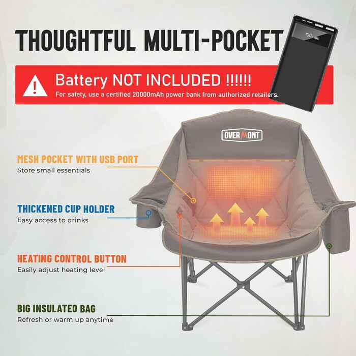Овермонт Розкладне крісло для кемпінгу з підігрівом XL для дорослих – ідеально для зимових походів, риболовлі (Хакі)
