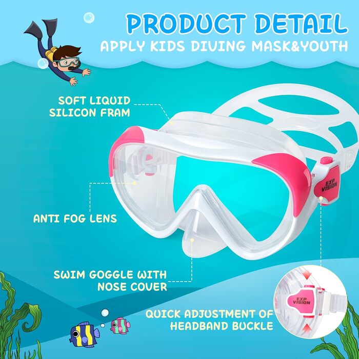 Дитячі окуляри для плавання Kinder Taucherbrille 180° Anti-Fog, маска для снорклінгу з носовою перегородкою, для підлітків 4-15 років, білі