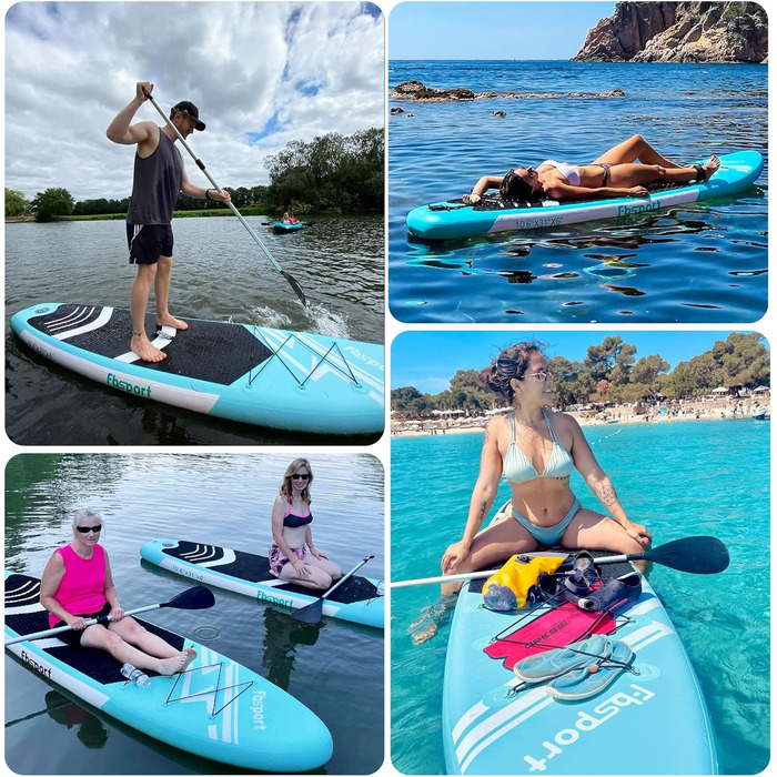FBSPORT Стендап-борд (SUP) 11 футів Преміум, для йоги з аксесуарами та сумкою | Широка стійка, контроль на хвилях, неслизьке покриття, страховка, весло та насос для юніорів та дорослих (Eisblau)