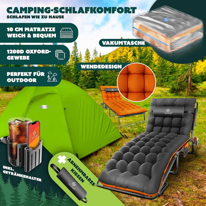 Кемпінгове ліжко KESSER® розкладне, 190x68x30 см, до 250 кг, з Oxford-тканини та сталевим каркасом + сумка, подушка, кишеня та тримач для напоїв, чорний/помаранчевий