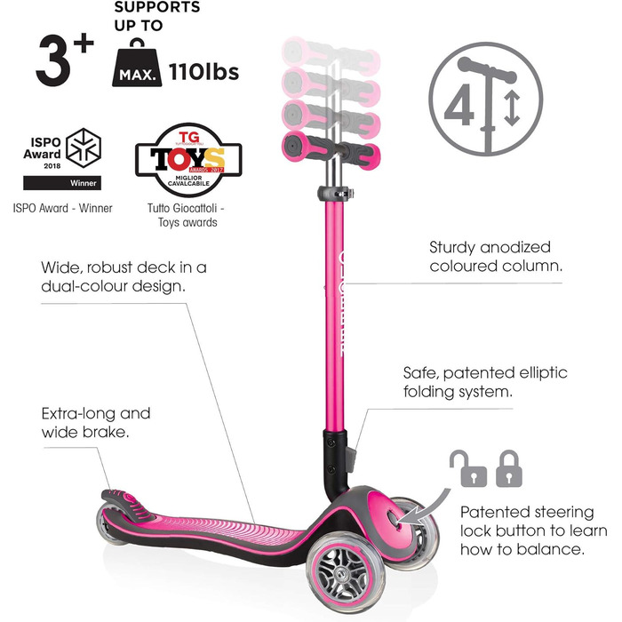 Самокат GLOBBER Elite Roller для дітей від 3 років, 3-колісний, з LED-підсвічуванням рожевого кольору, регульована висота, підшипники ABEC 5