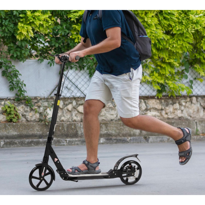 Дитячий складний самокат з великими колесами 200 мм, дискові гальма, регульована висота, з ремінним ременем (Чорний)