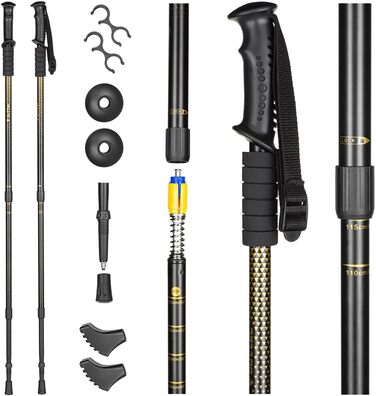 Ультралегкі трекінг-палиці для скандинавської ходьби (Nordic Walking) з гумовими наконечниками, односекційні, 110 або 115 см, чорно-золоті, для жінок та чоловіків