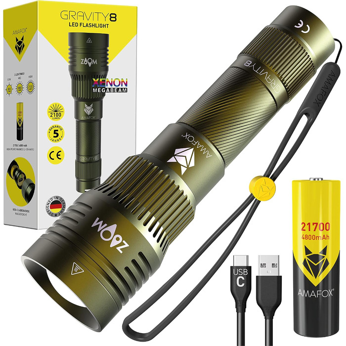 Ліхтар тактичний AMAFOX G8 Megabeam LED - 2100 люмен, 21700 mAh, USB-C, військовий зелений, модель 2025