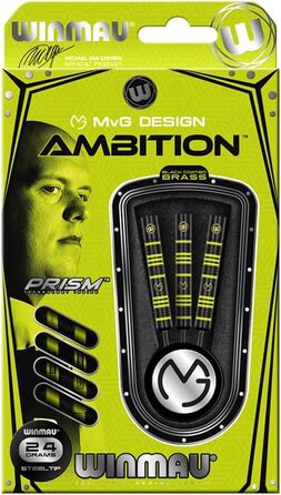 WINMAU Michael Van Gerwen MvG Ambition - Професійний набір дротиків (латунь) з пір'ям та стеблами, сталеві/м'які кінчики, 24 г