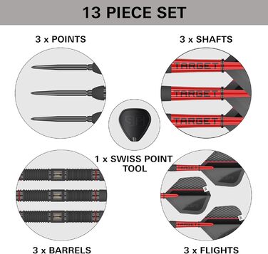 Професійний набір сталевих дротиків Target Darts Scope Swiss Point, 90% вольфрам, червоно-чорні, 21-25 г, з інструментом