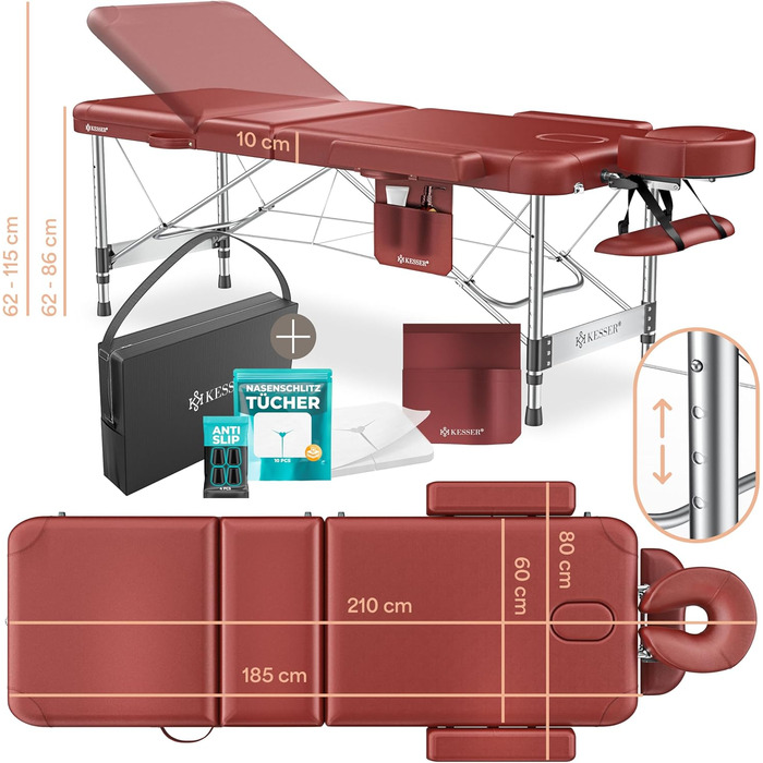 Масажне ліжко KESSER® з 3 зонами, до 250 кг, складане, регульоване, з аксесуарами (підголовник, підлокітники, сумка), для косметичних процедур та терапії, антиковзаюча поверхня, 61 см, Бордовий