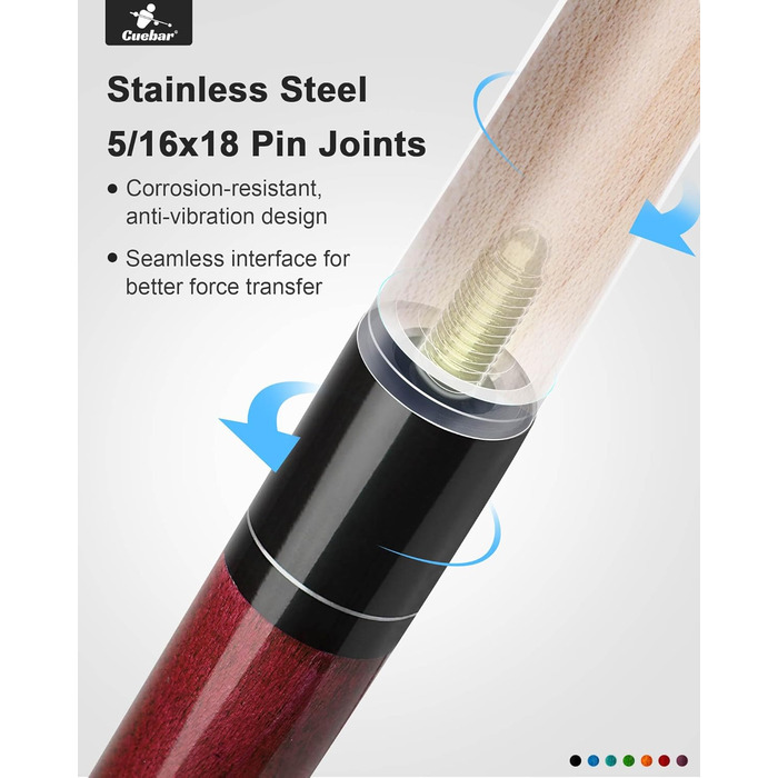 Більярдні киї CUEBAR для дорослих, 147 см, 2-секційні, з ручкою з екошкіри, різні кольори (7 кольорів), вага 510-595 г