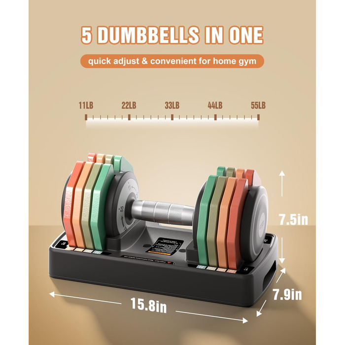 Регульовані гантелі, набір 2 шт., 5.7-25 кг, 5-в-1, гантелі з нековзким грифом та різнокольоровими дисками для дому, спортзалу, вантажний набір (25 кг, окремо)