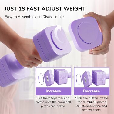Регульовані гантелі 2шт, набір 20 кг, 5-в-1 (2/4/6/8/10 кг), для фітнесу, дому, силових тренувань (фіолетовий)