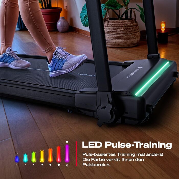 Біговий тренажер Sportstech sProRun: складаний, до 12 км/год, 120 кг, Bluetooth, LED, нахил 11,5%, підставка для планшета, чорний