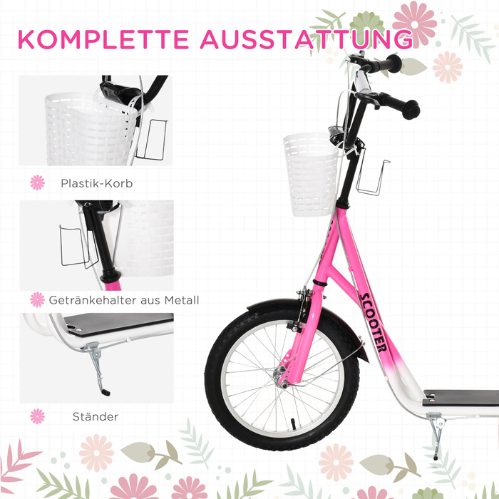 HOMCOM Дитячий скутер Скутер Kick Scooter з регулюванням висоти гальмівного кошика для 5-12 дитячих самокатів Kickboard Алюмінієвий сплав Гума Рожевий + Білий | Аосом