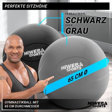 Гімнастичний м'яч Miweba Sports GB-100, 65 см, до 400 кг, сірої, з ПВХ — фітнесбол, ергономічний м'яч-стілець для офісу та тренувань