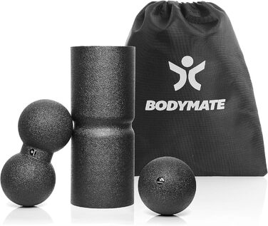 Набір для міофасціального масажу BODYMATE Care: ролик 35x14 см (середньої жорсткості, з борозною для зняття напруги хребта), м'яч 12 см, двійний м'яч 12x24 см, чорний, з E-Book