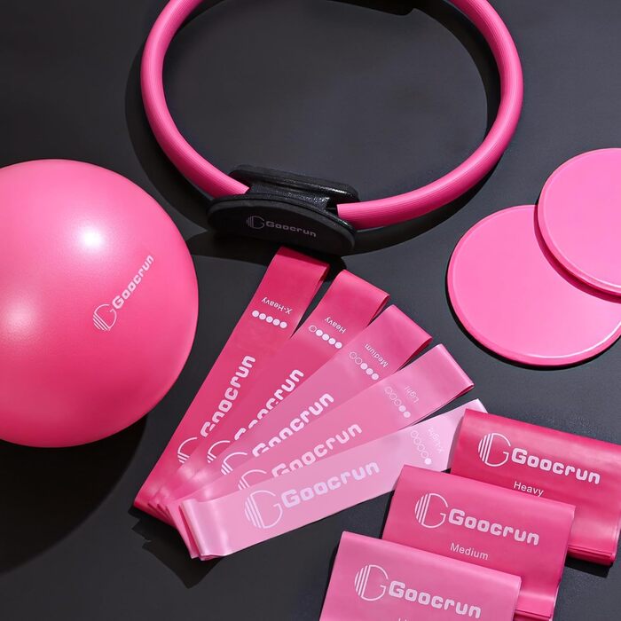 Pilates Ring Set Goocrun: кільце для пілатесу, еспандер, м'яч та слайдери для домашніх тренувань. Рожевий колір.