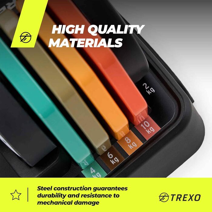Регульований набір гантелей TREXO 2x5 кг зі сталі з неслизькими ручками. Ідеально для силових тренувань вдома та в спортзалі. Стабільна підставка (багато кольорів, 2x10 кг)
