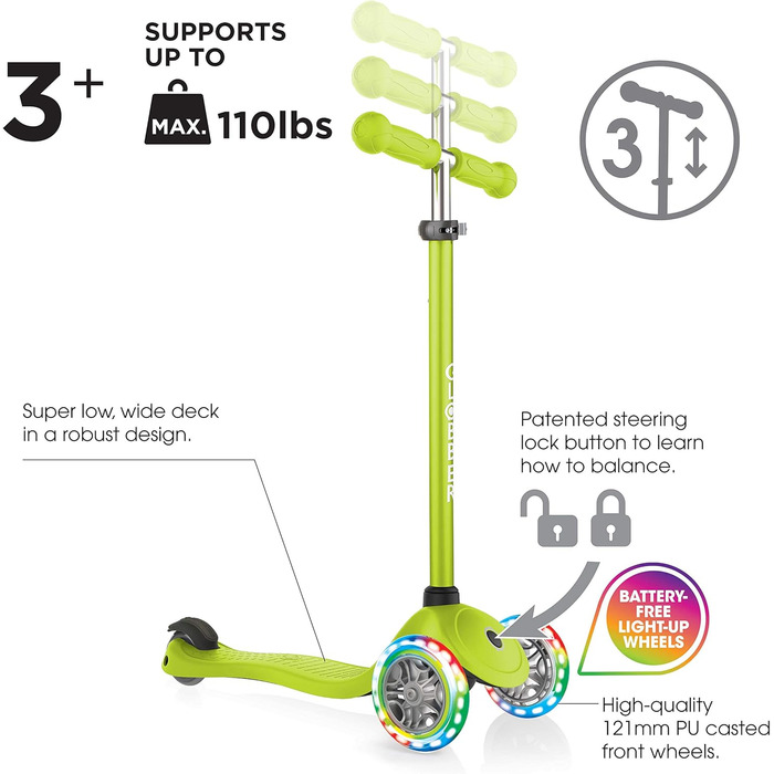 Дитячий самокат Globber Primo Lights, 3 колеса, 120/80 мм, ABEC 5, регульований, LED підсвітка, неоновий