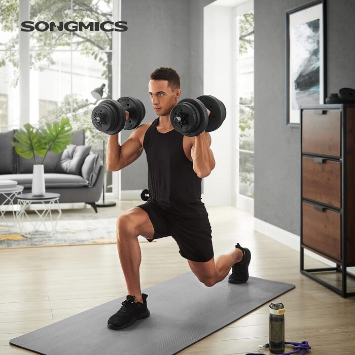 Регульований набір гантелей SONGMICS з пластику, 20 кг, 30 кг, з'єднувальна сталева штанга, комплект для фітнесу та тренувань