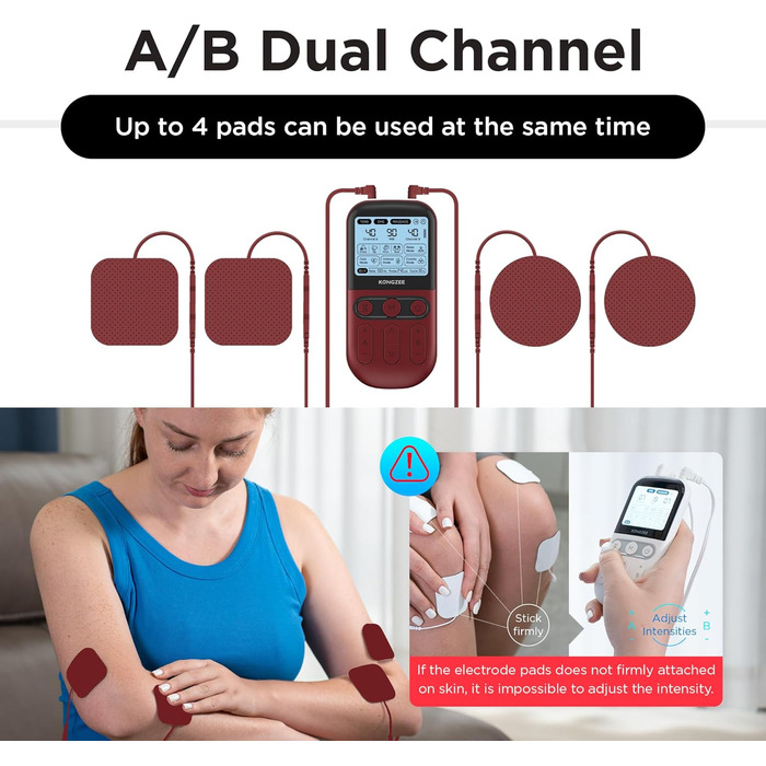 Пристрій 4-в-1 для домашнього використання EMS, масажер для стимуляції м'язів та нервів, терапевтичний апарат TENS з двома каналами для зняття болю, схвалений FDA, з 12 електродних подушечок (червоний)