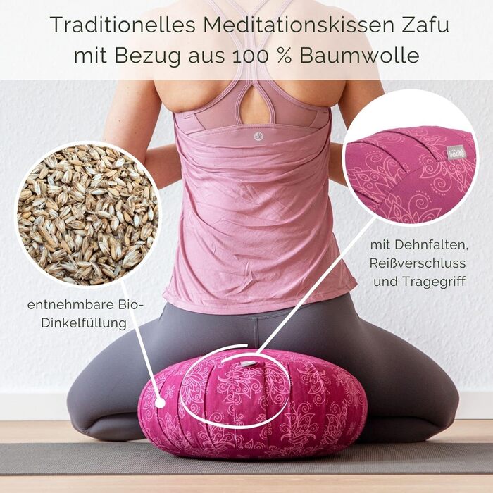 Подушка для медитації Bodhi ZAFU 34 см Maharaja Collection: Подушка для йоги з бавовняним чохлом та органічною гречаною лузгою Madurai/бежева