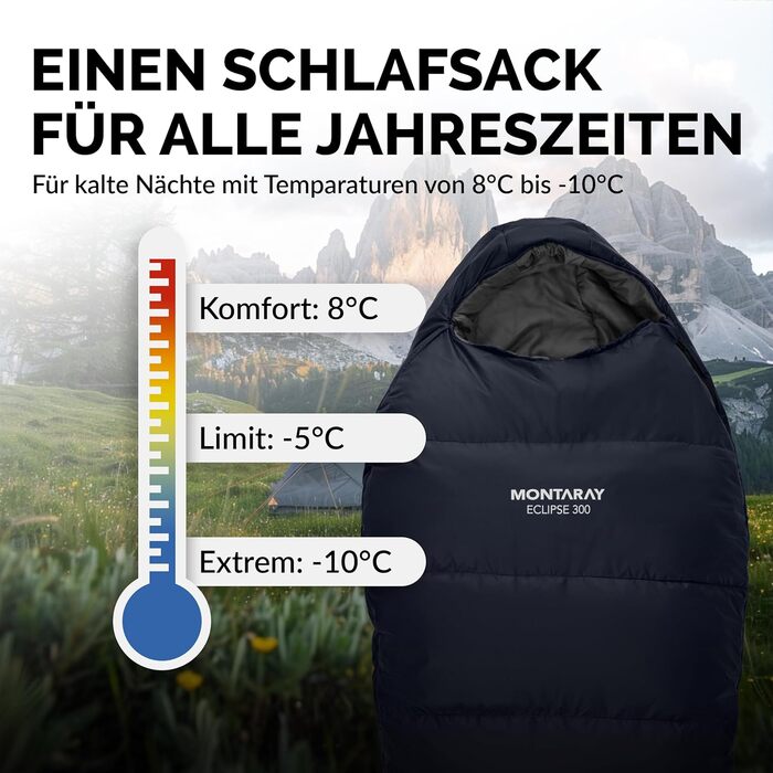 Спальний мішок MONTARAY® Mumienschlafsack для 3-4 сезонів, 8°C до -5°C, з подушкою, 80x220cm, блакитний, для жінок та чоловіків (теплий)